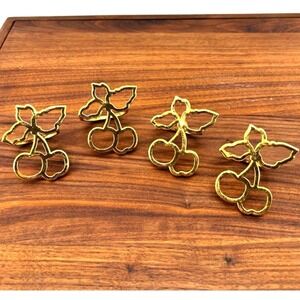 Gold‎ Tone Cherry Napkin Rings Set of 4 Metal Fruit Design Table Decor Cottage